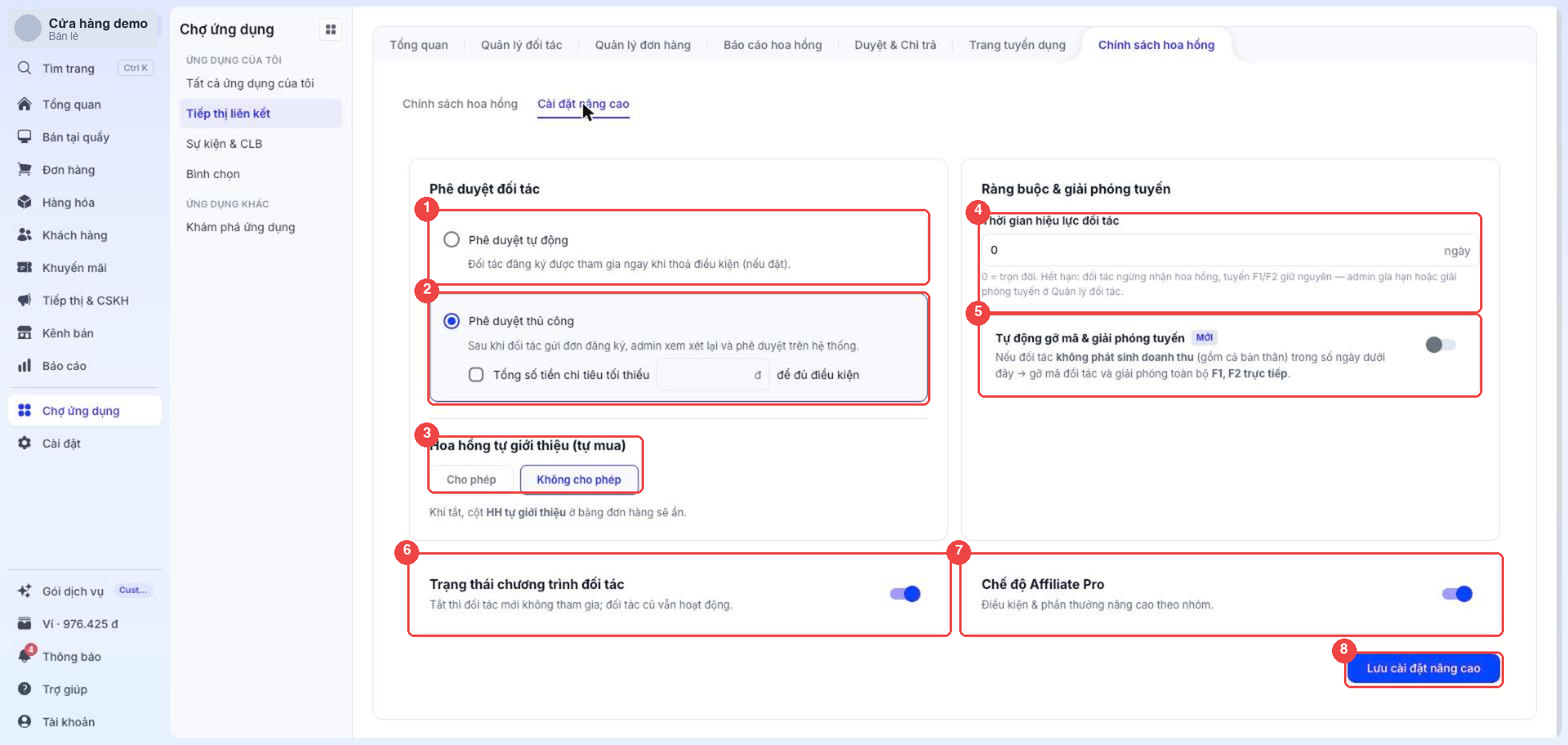 Cài đặt nâng cao Affiliate
